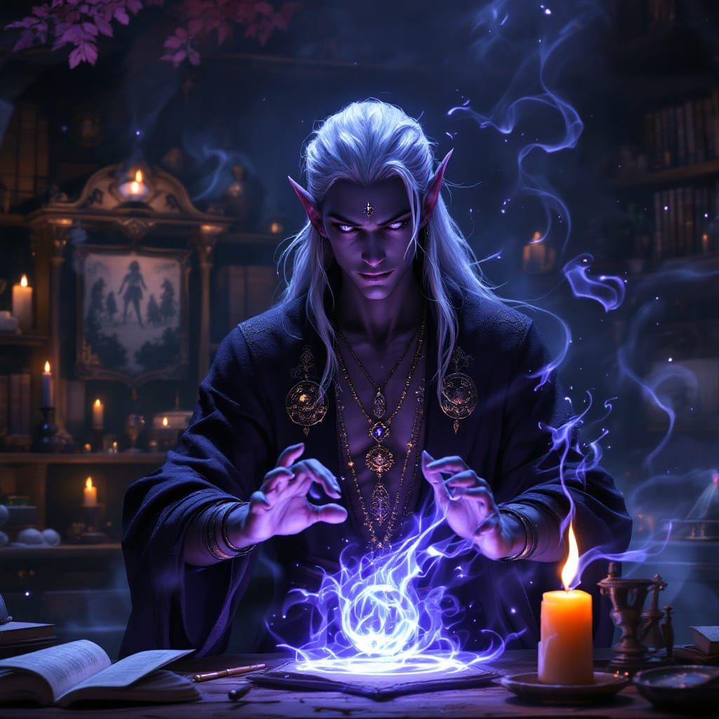 Charismatic Drow Wizard in Mystical Underground Lair