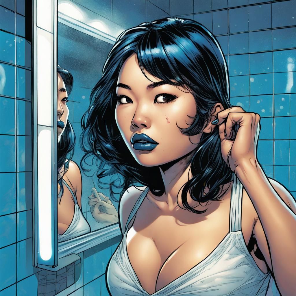Asian Woman with Blue Lips: Comic Book Art