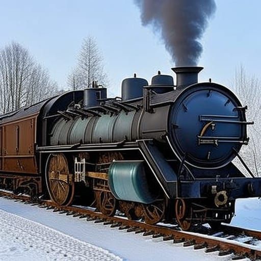 Steampunk Steam Train in Winter Landscape