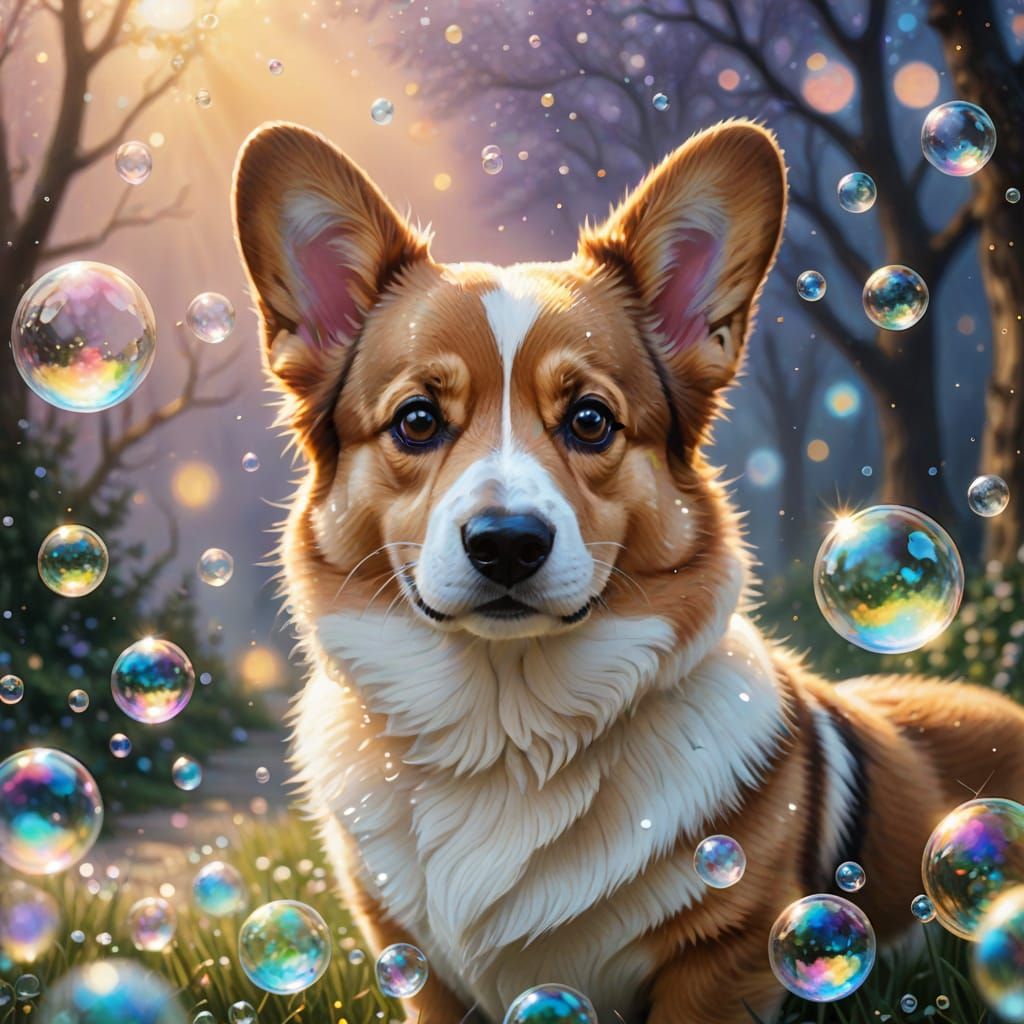 Iridescent Bubble Corgi in Dreamy Landscape