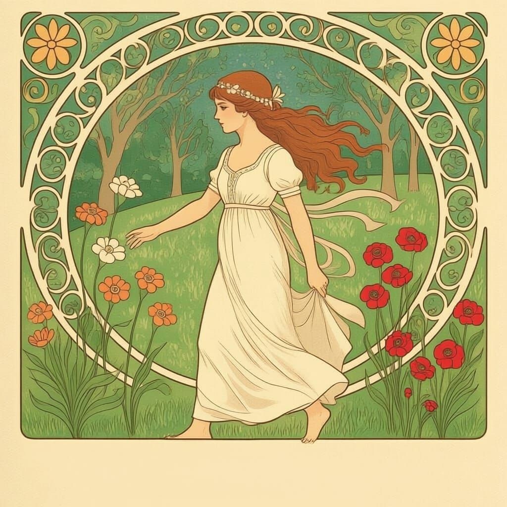 Art Nouveau Maiden Among Flowers and Trees