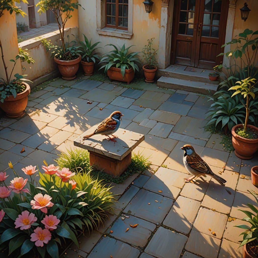 Sparrow in Serene Courtyard Scene, in the Style of Old Maste...