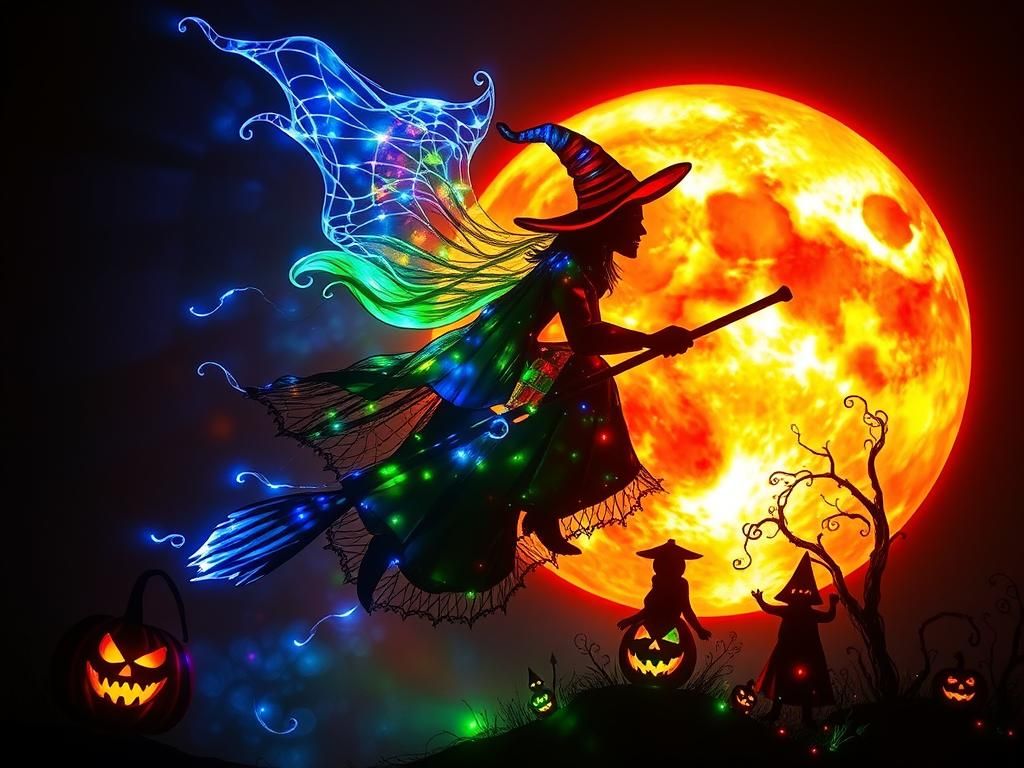 Magical Witch Scaring Kids on Halloween, Psychedelic Art