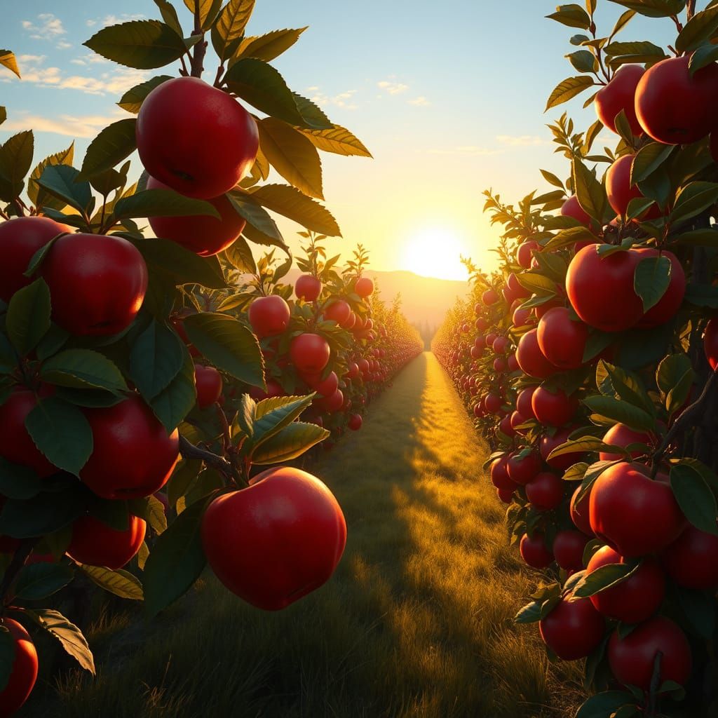 Glowing Red Apples in Sun-Drenched Orchard