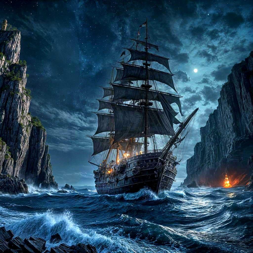 Fantasy Galleon Navigating Stormy Galaxy Seas