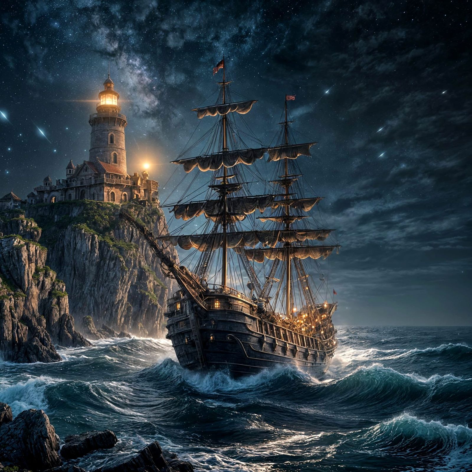 Epic Fantasy Galleon on High Seas at Night