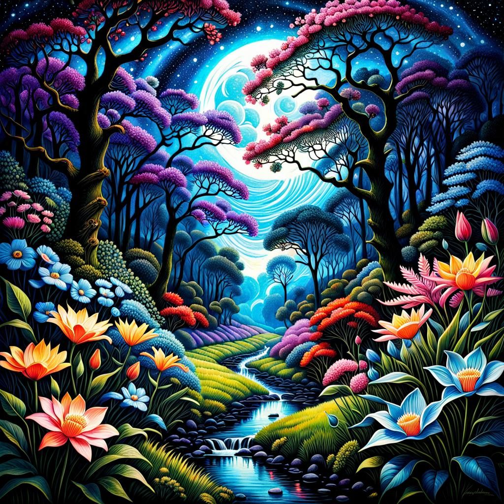 Iridescent Ink Painting: Flowers and Trees in Bloom