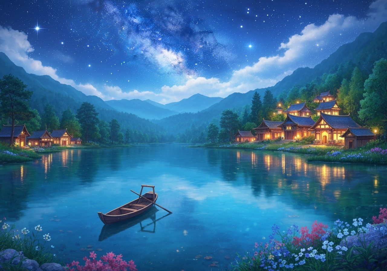 Tranquil Lake Village Under Starry Night Sky