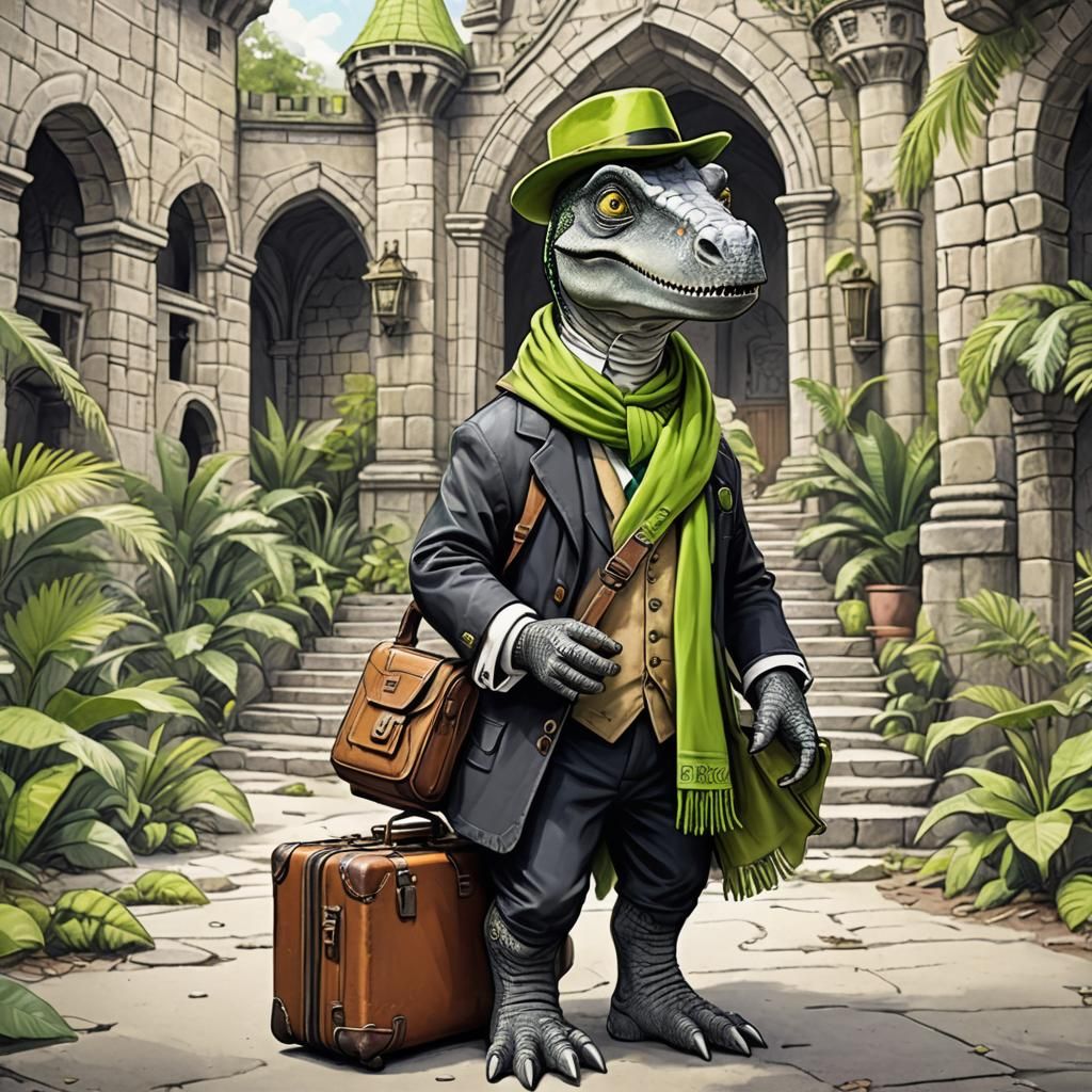 Dinosaur Traveler in Jungle Castle: Whimsical 3D Art