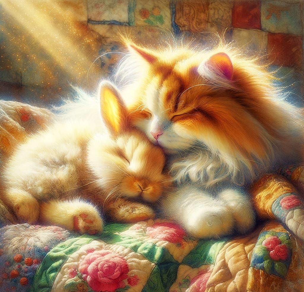 Fluffy Cat and Bunny Snuggle in Impressionist Sunlight