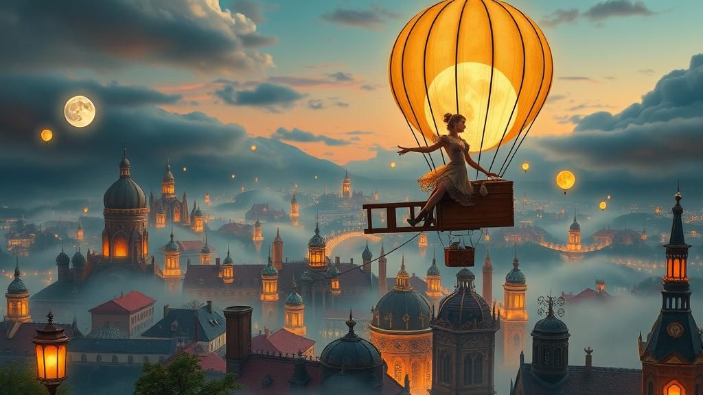 Steampunk Balloonist Soaring Over Dreamlike Cityscape