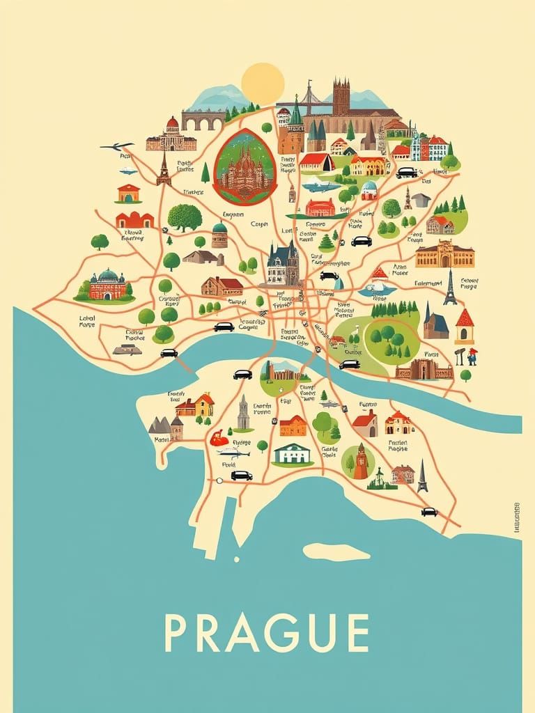 Artistic Map of Prague in Vintage Poster Style
