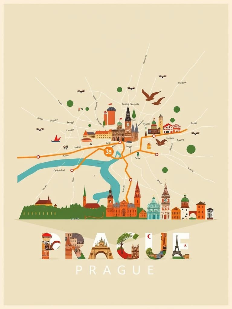Artistic Map of Prague in Vintage Poster Style