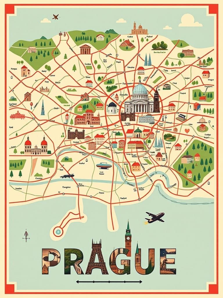 Artistic Map of Prague in Vintage Poster Style
