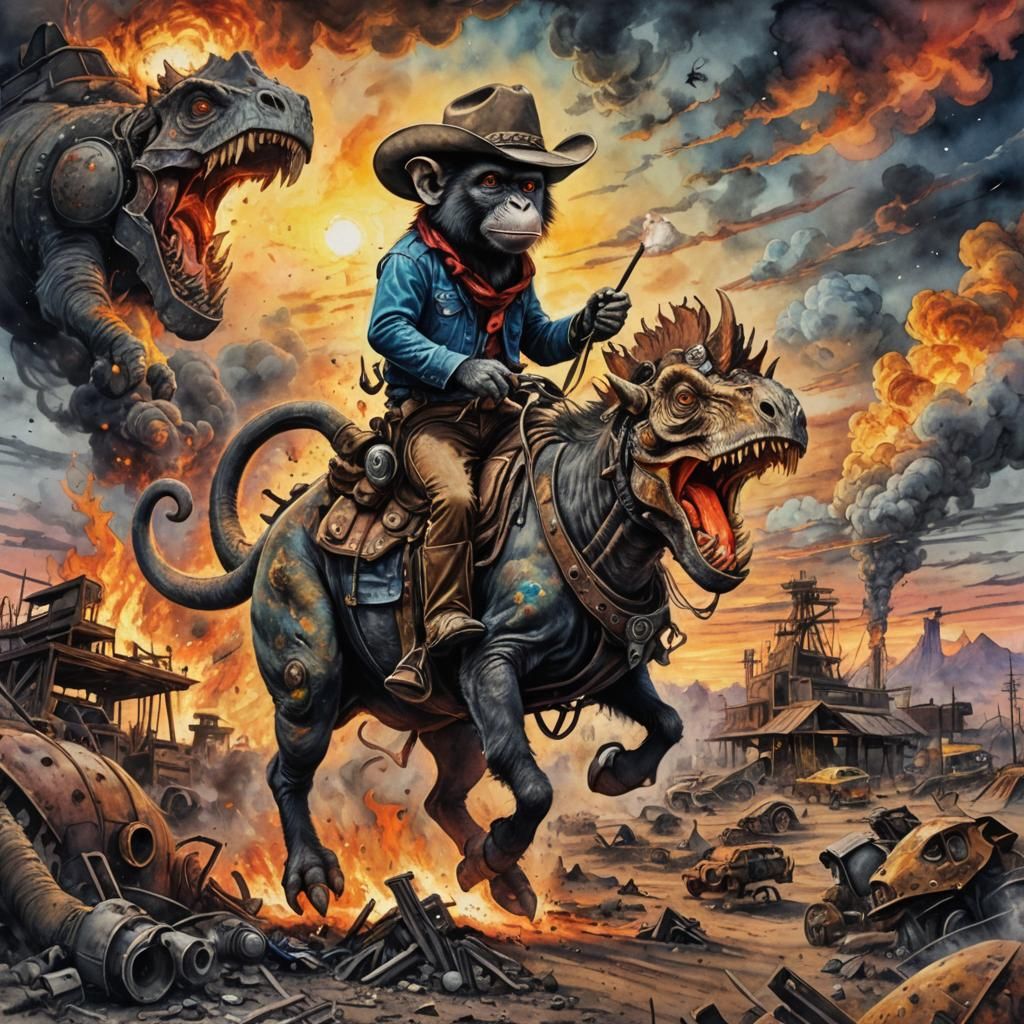 Cowboy Monkey Rides Triceratops in Vibrant Watercolor