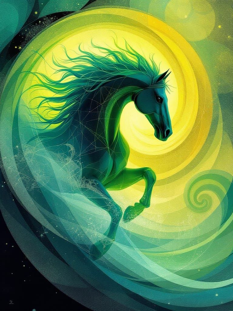 Horse Galloping Through Spiral Architecture in Jewel Tones