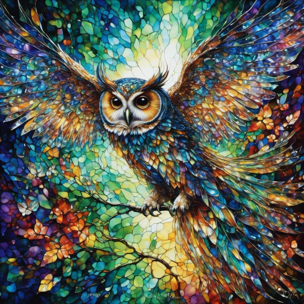 Stained Glass Owl in Flight Fantasy Portrait