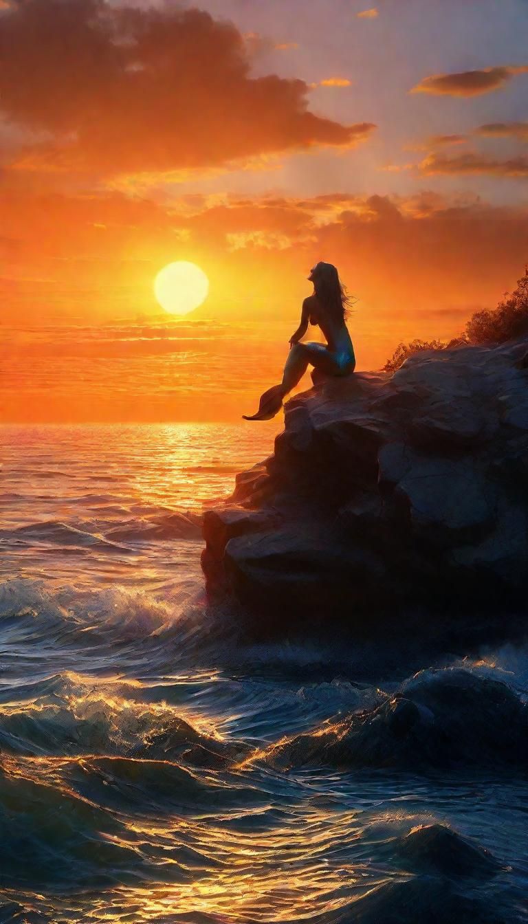 Mermaid Gazing at Sunset, Detailed Fantasy Art