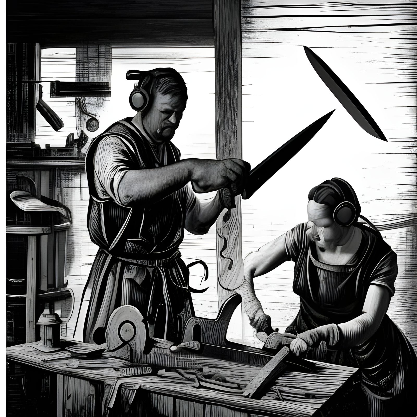 17th Century Workers Forging Scissors: Linocut Style
