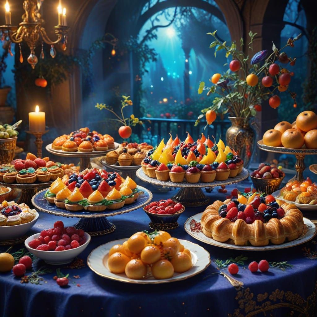 Enchanted Banquet Table with Glowing Foods