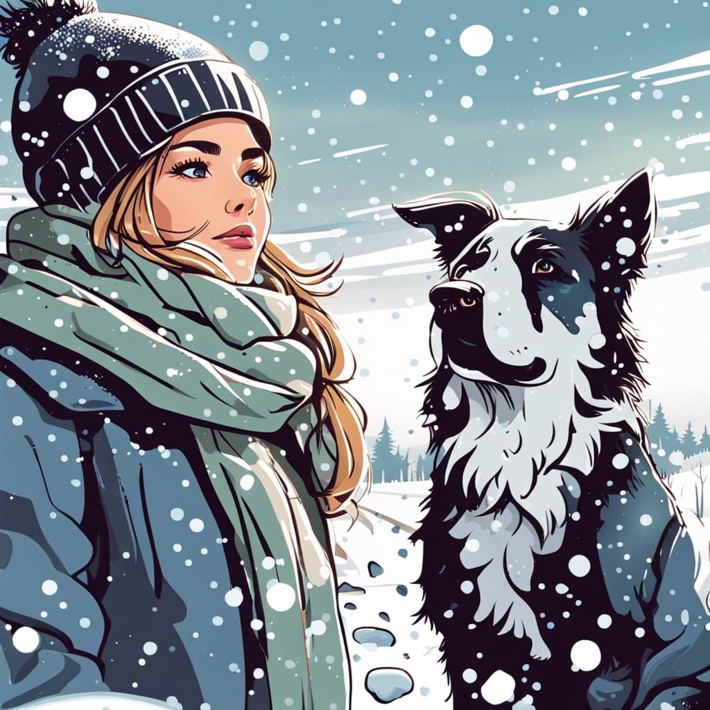 Anime Woman with Dog in Snowy Field