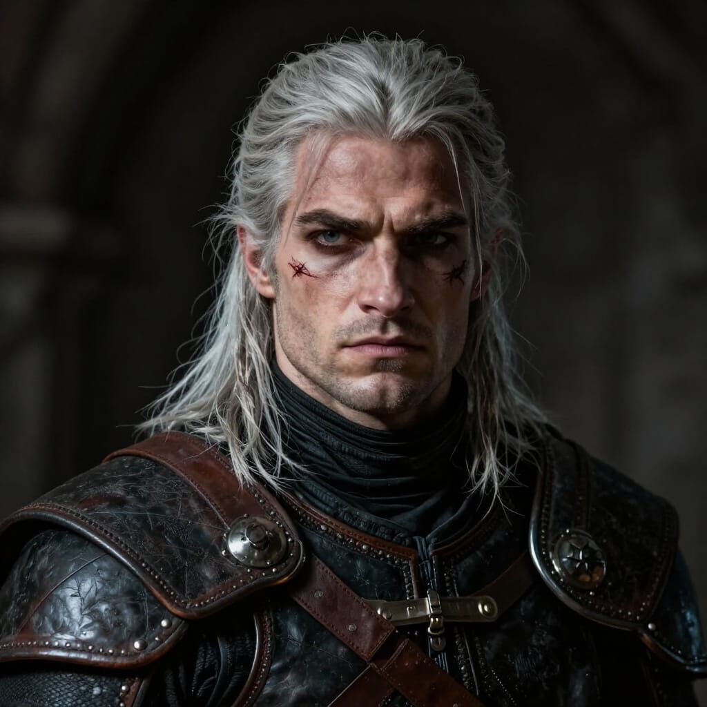 Photorealistic Portrait of Geralt of Rivia in Leather Armor