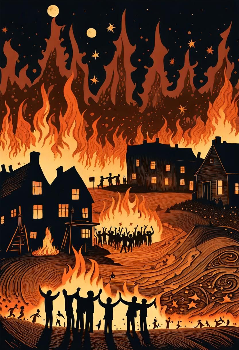 Disturbing Woodcut Print of a Motherfair Celebration