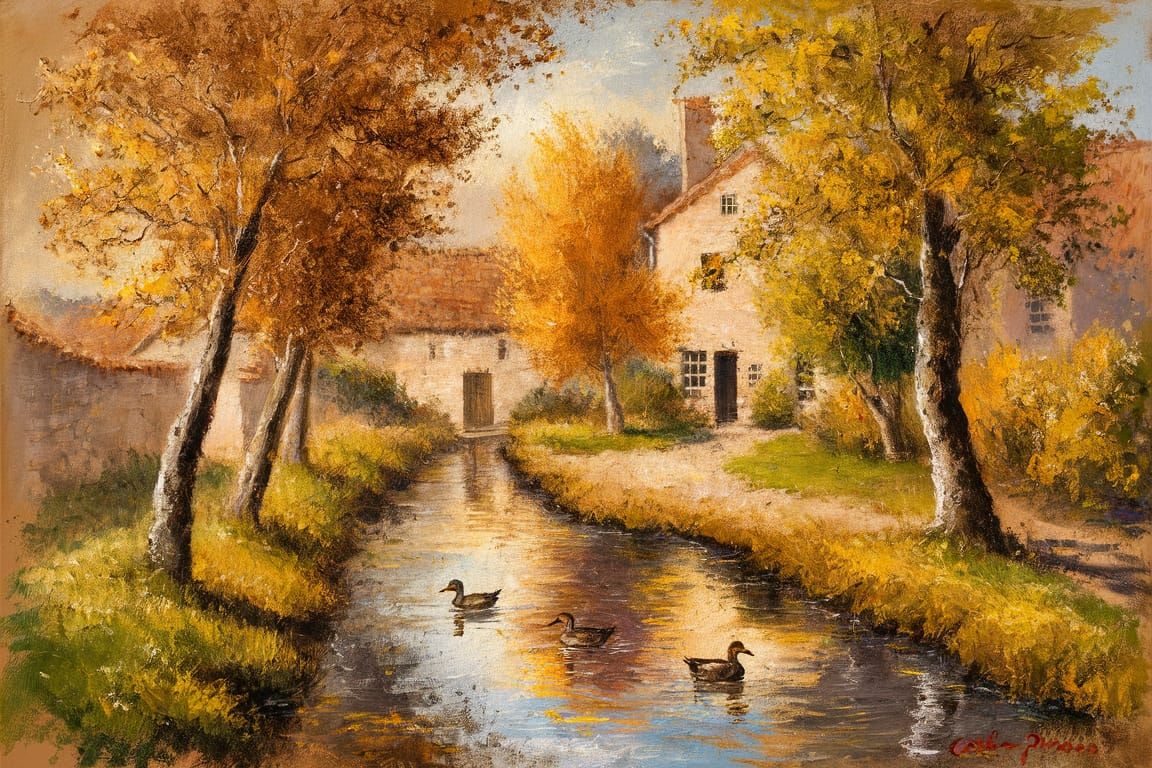 Rustic Autumn Village Scene in Impressionist Style