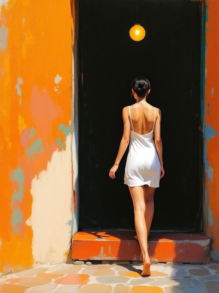 Woman in White Dress Reaching for Doorway, as Impasto Painti...