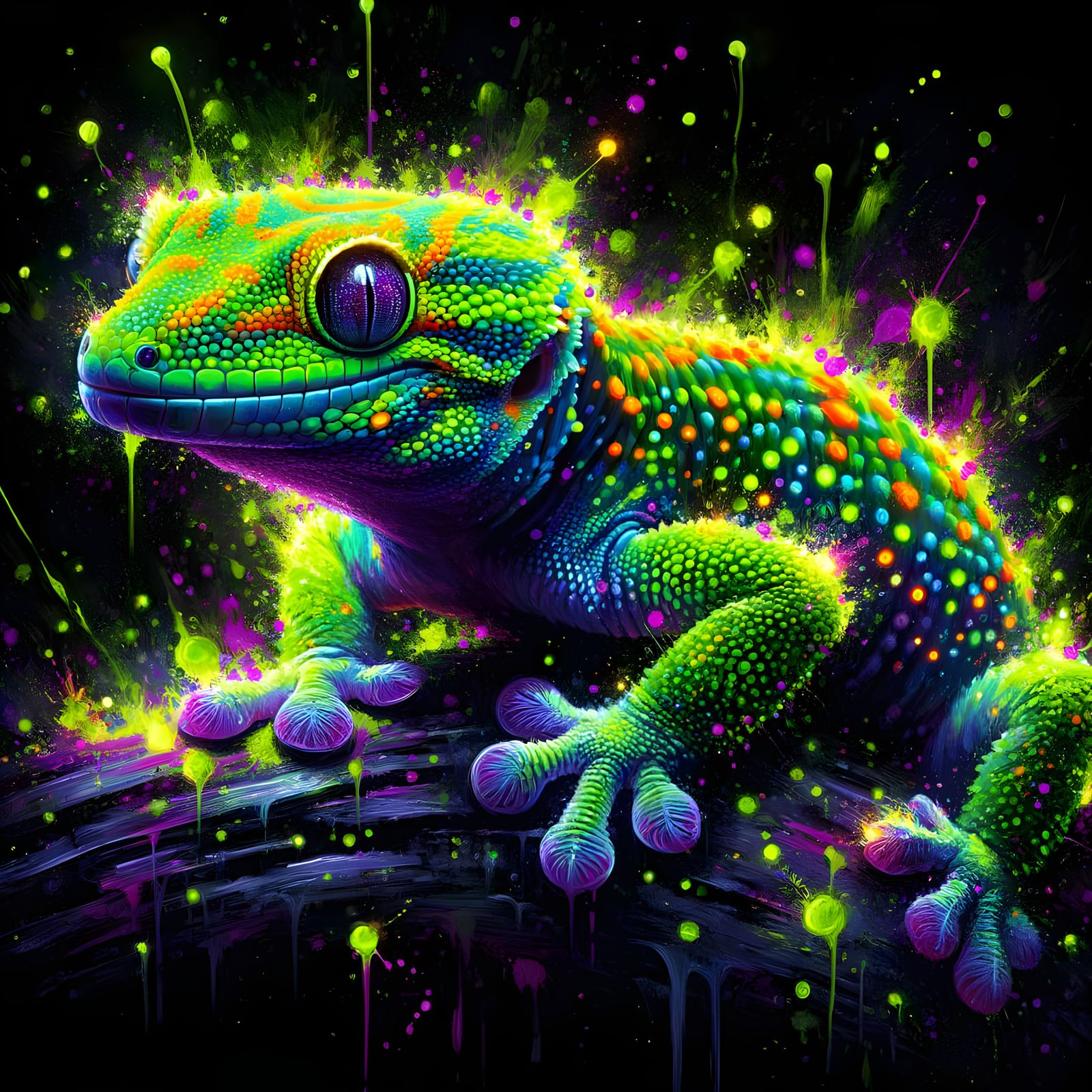 Bioluminescent Gecko in Neo-Impressionist Splash Style
