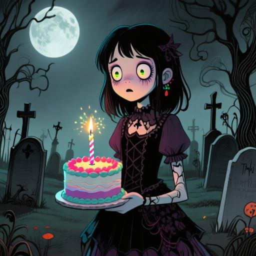 Emo Teen's Spooky Birthday in Moonlit Cemetery