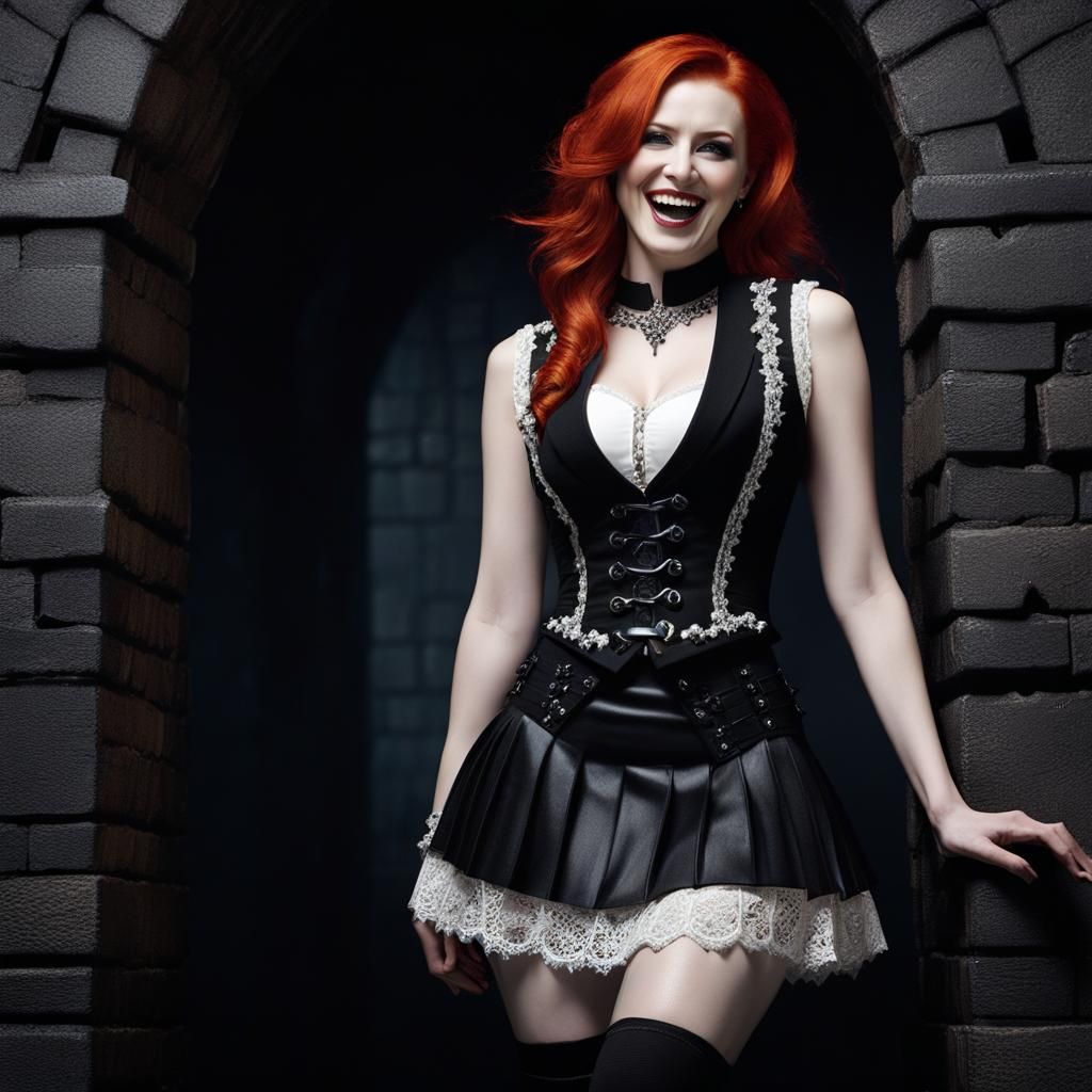 Evil Goth Woman Laughing in Dungeon: Detailed Painting