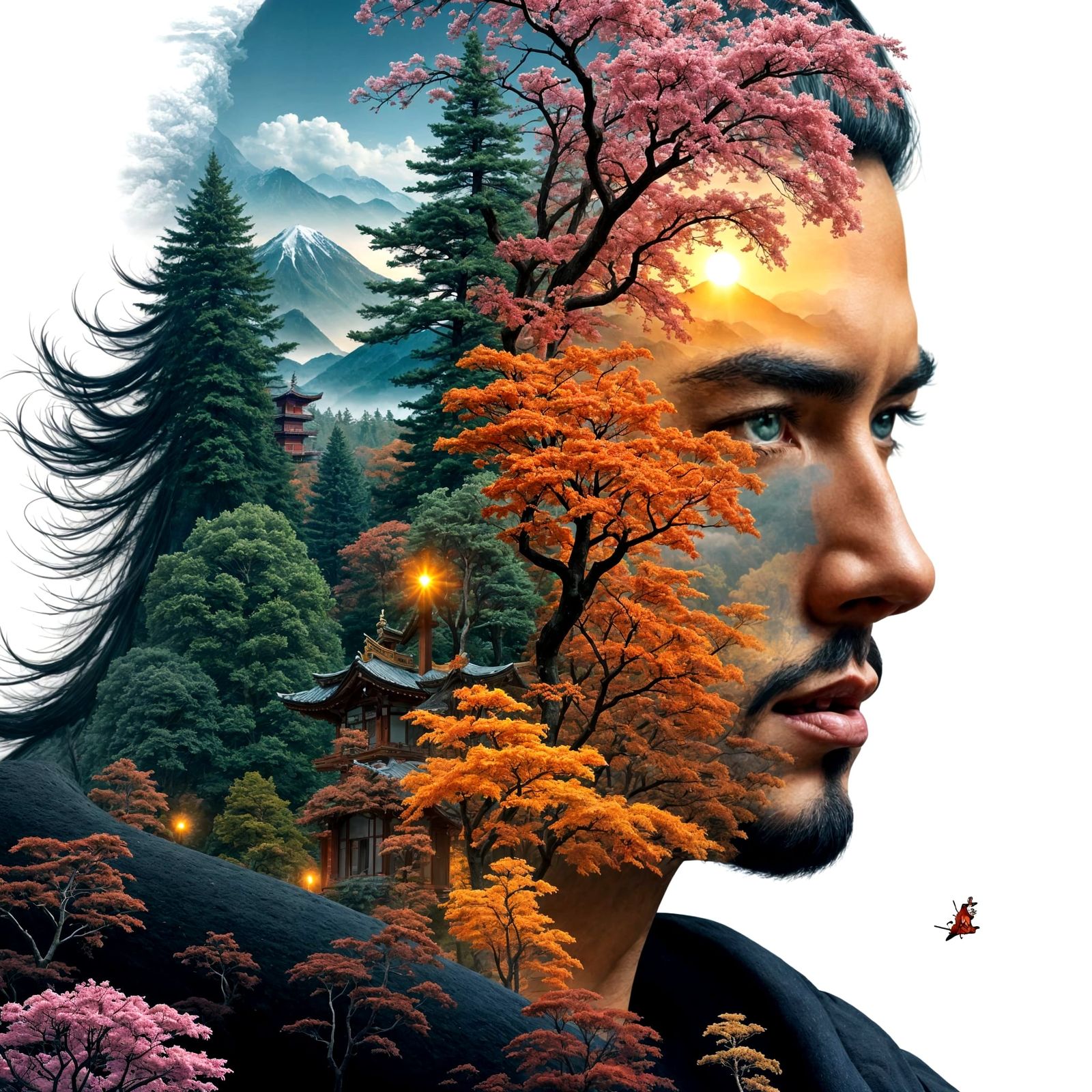 Four Seasons Samurai Portrait in Double Exposure