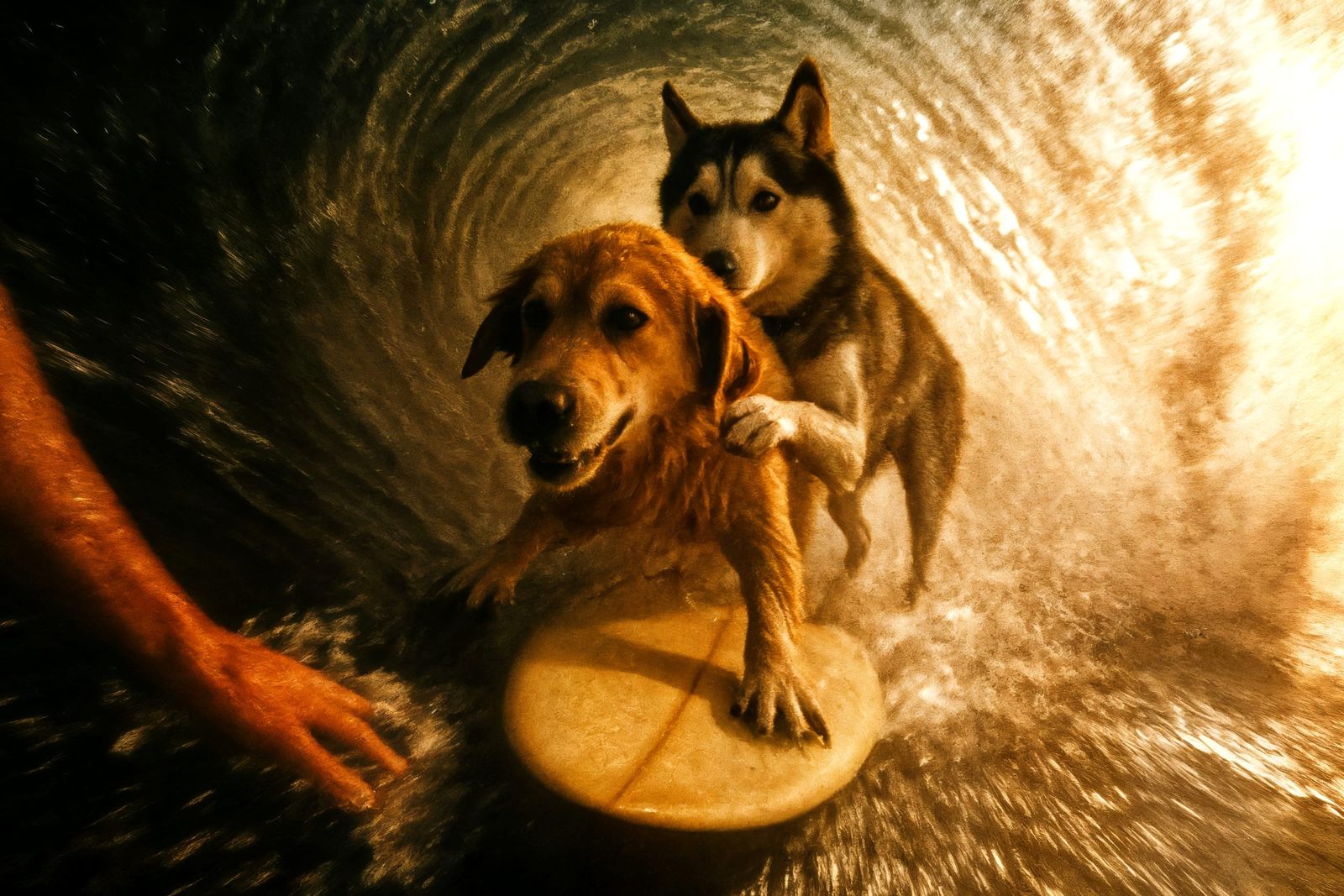 Dogs Surf Wave Tunnel in Gritty Photograph
