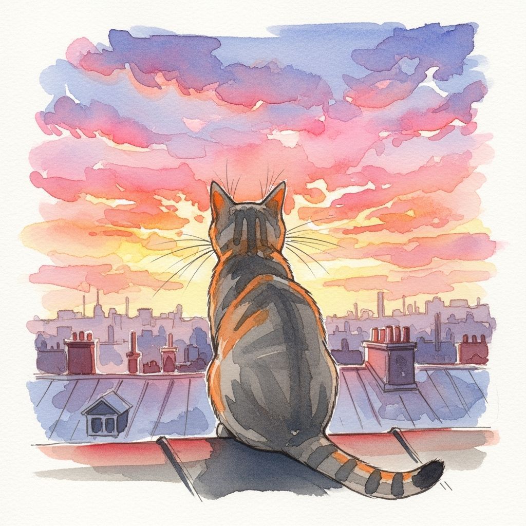 Watercolor Cat on a Rooftop Painting