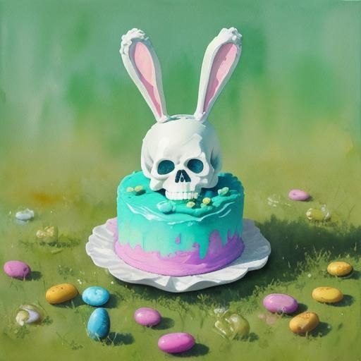Rococo Watercolor Bunny Skeleton Surrounded by Easter Candy