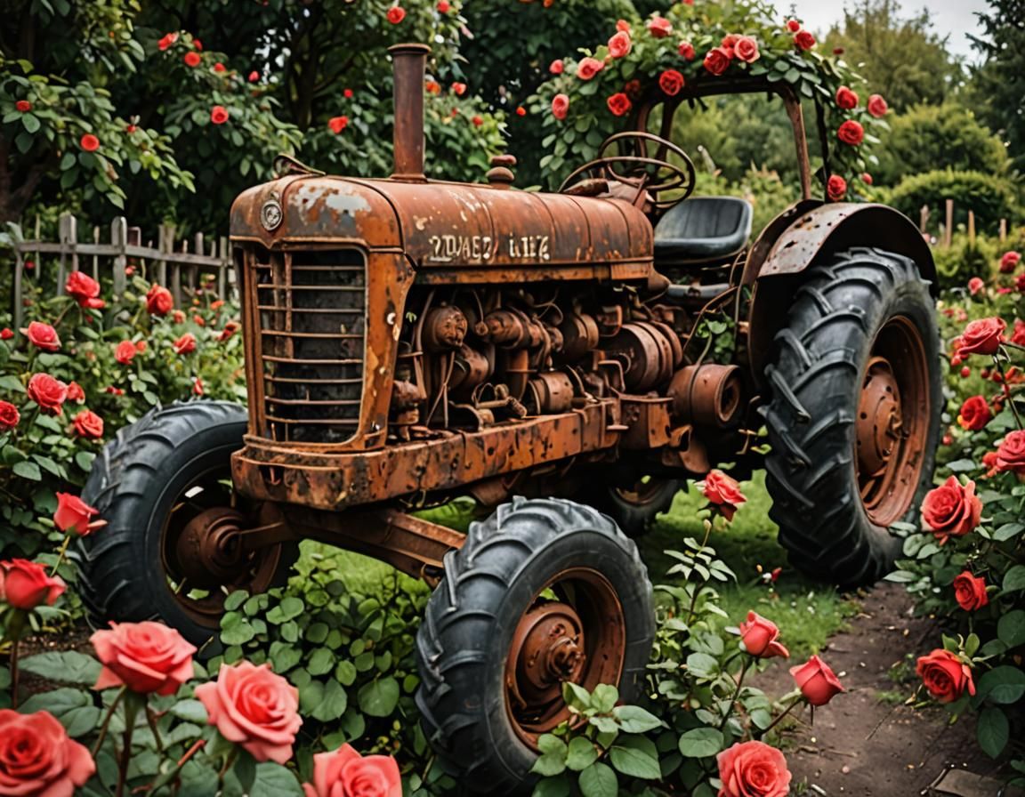Antique Tractor Overgrown with Roses in Garden