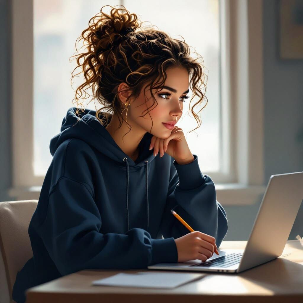 Woman in Hoodie Studying at Laptop