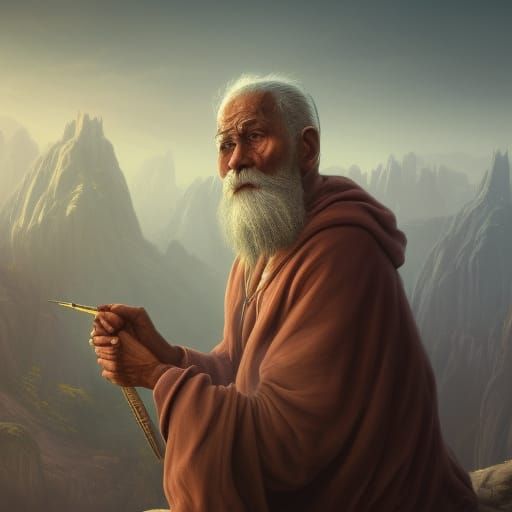 Wise Elder Contemplating Life in Detailed Matte Painting