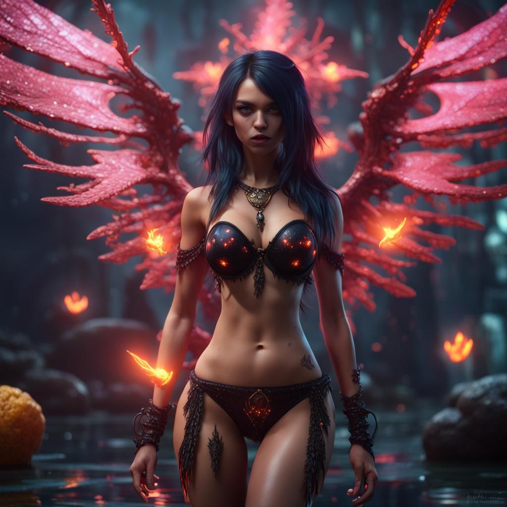 Gothic Girl with Wings and Fireball, Detailed Digital Art