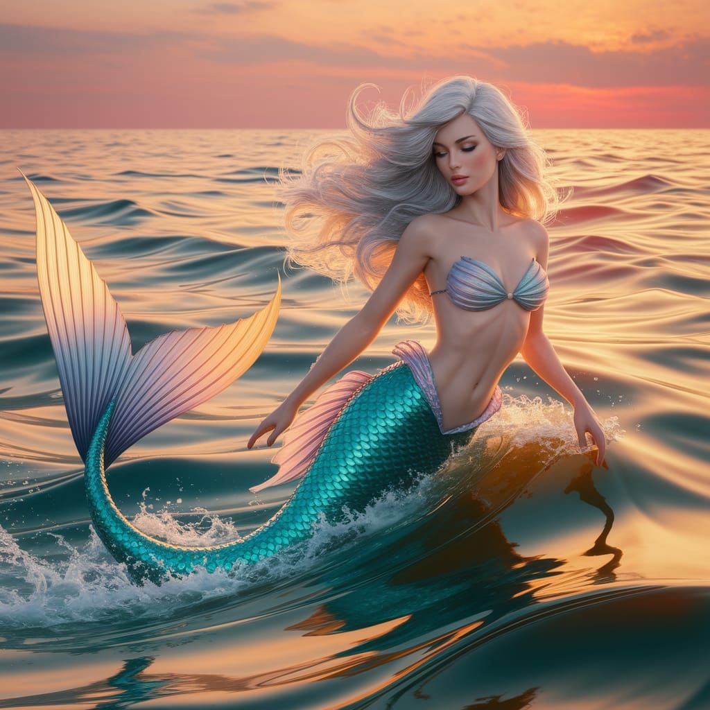 Graceful Mermaid in Golden Sunset Waves