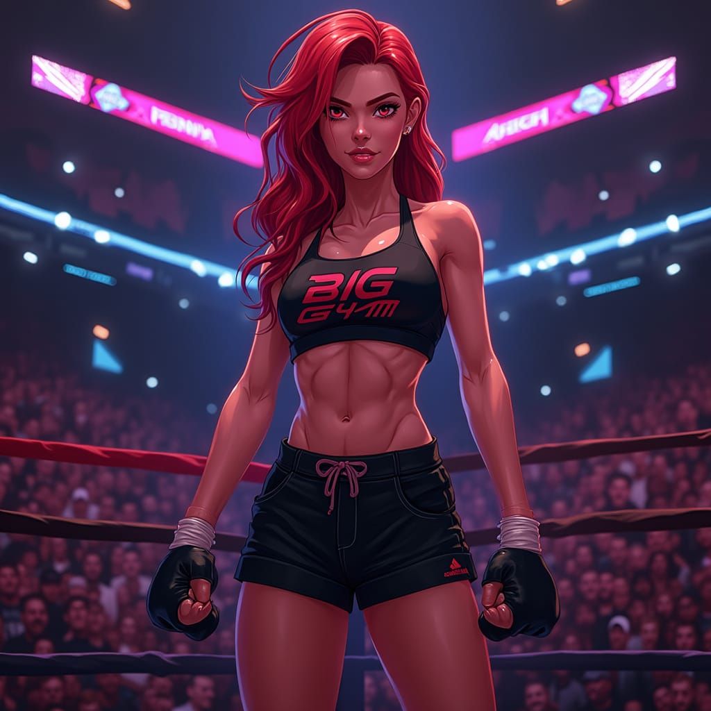Fiery Redhead Boxer in Cyberpunk Anime Ring
