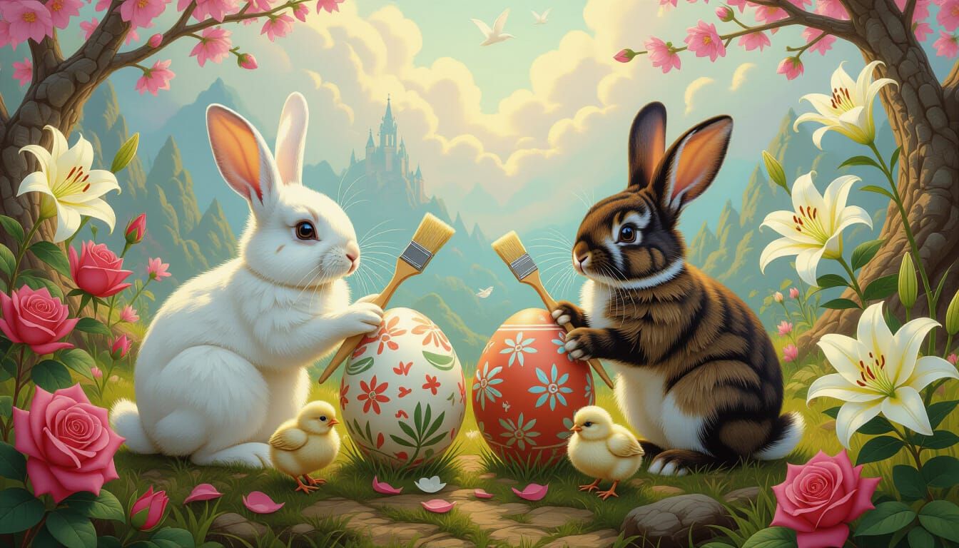 Rabbits and Chicks Painting Easter Eggs in Fairytale Landsca...