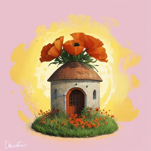 Whimsical House with Poppy Roof in Neo-Impressionism Style