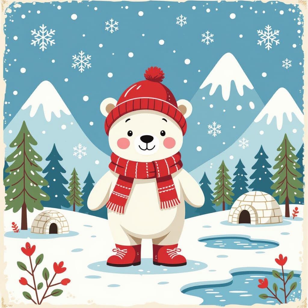 Charming Polar Bear Illustration in Rustic Style