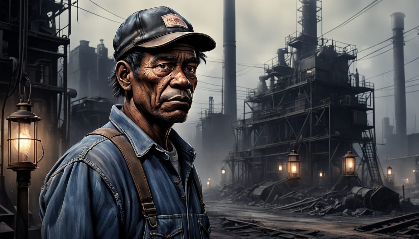 Weary Coal Miner in Industrial Landscape, Inspired by Ash Th...