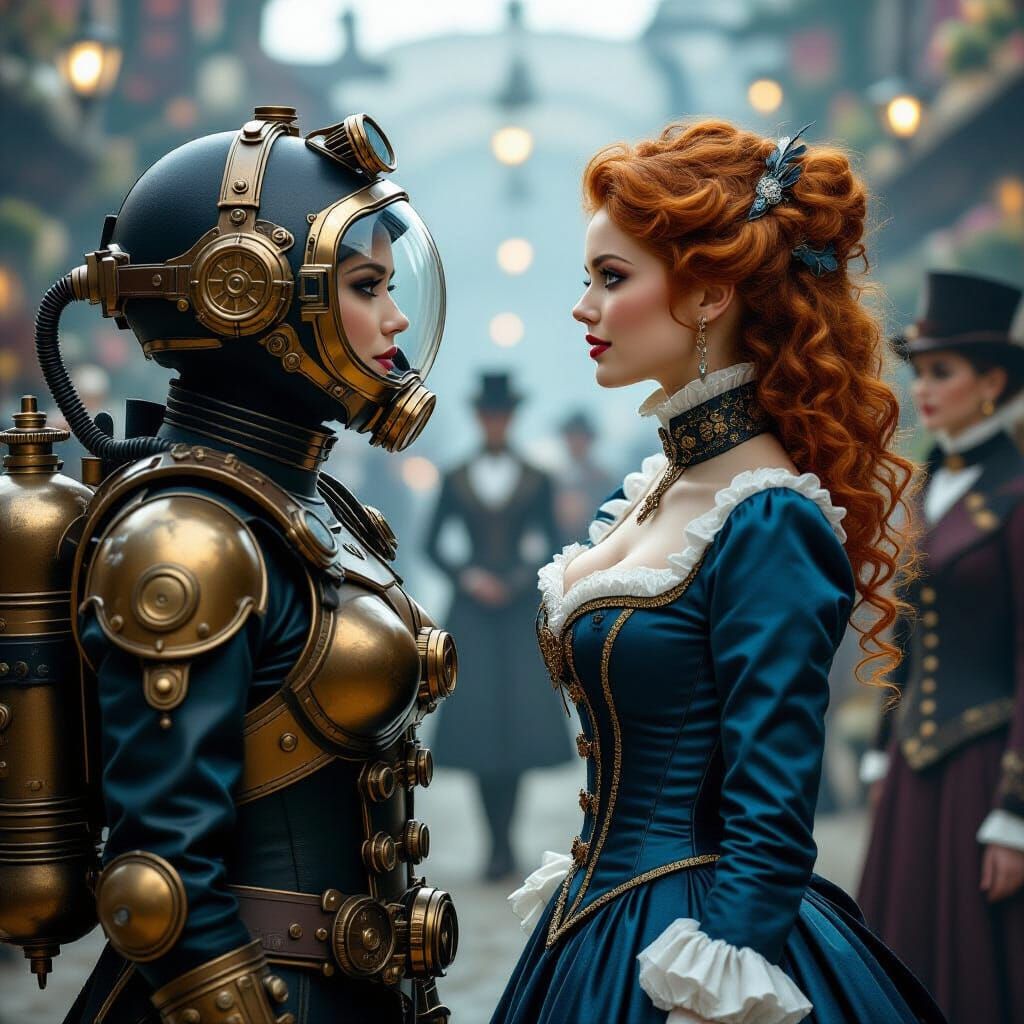 Steampunk Diver and Victorian Woman in Soft Light
