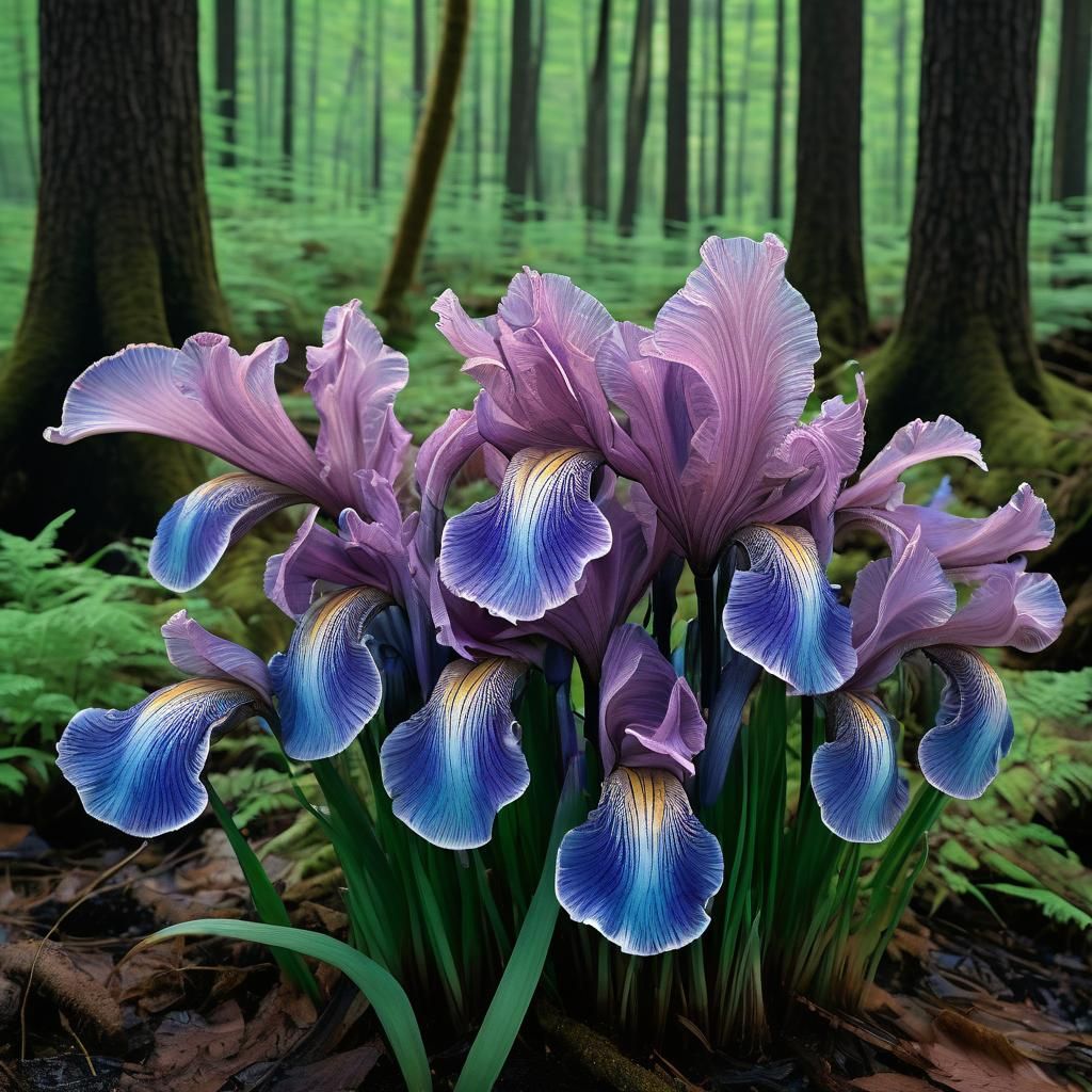 Iridescent Irises Bloom in Forest Clam Shells