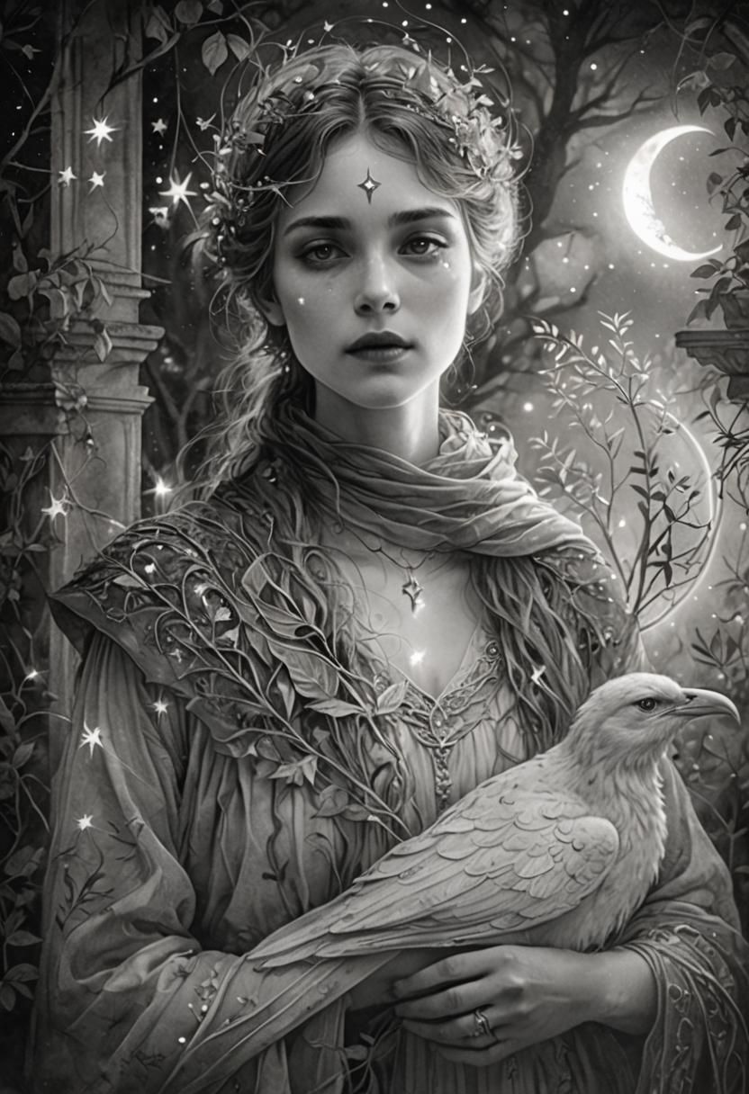 Dark Fantasy Woman on Crescent Moon in Art Nouveau