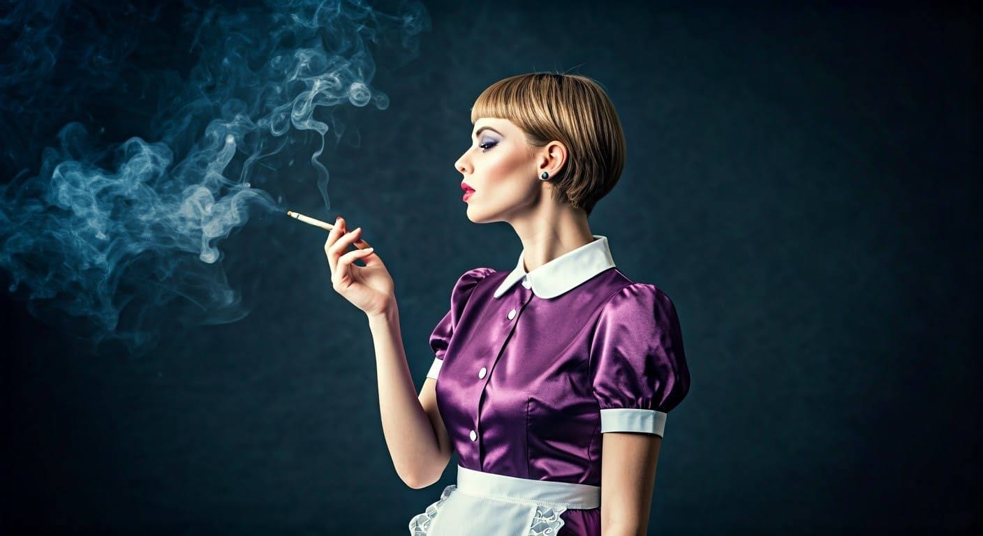 Woman in Purple Satin Maid Dress, Cinematic 1960s Style